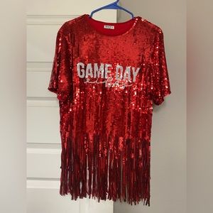 “GAME DAY VIBES” red sequin top size Large